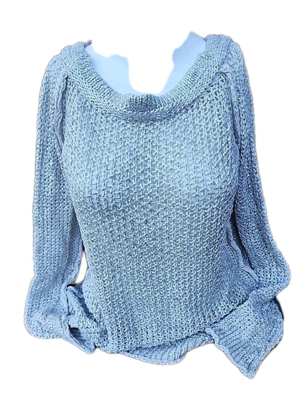 Free People Italy Metallic Silver Coated Loose Knit Sweater Top Oversized Sz XS